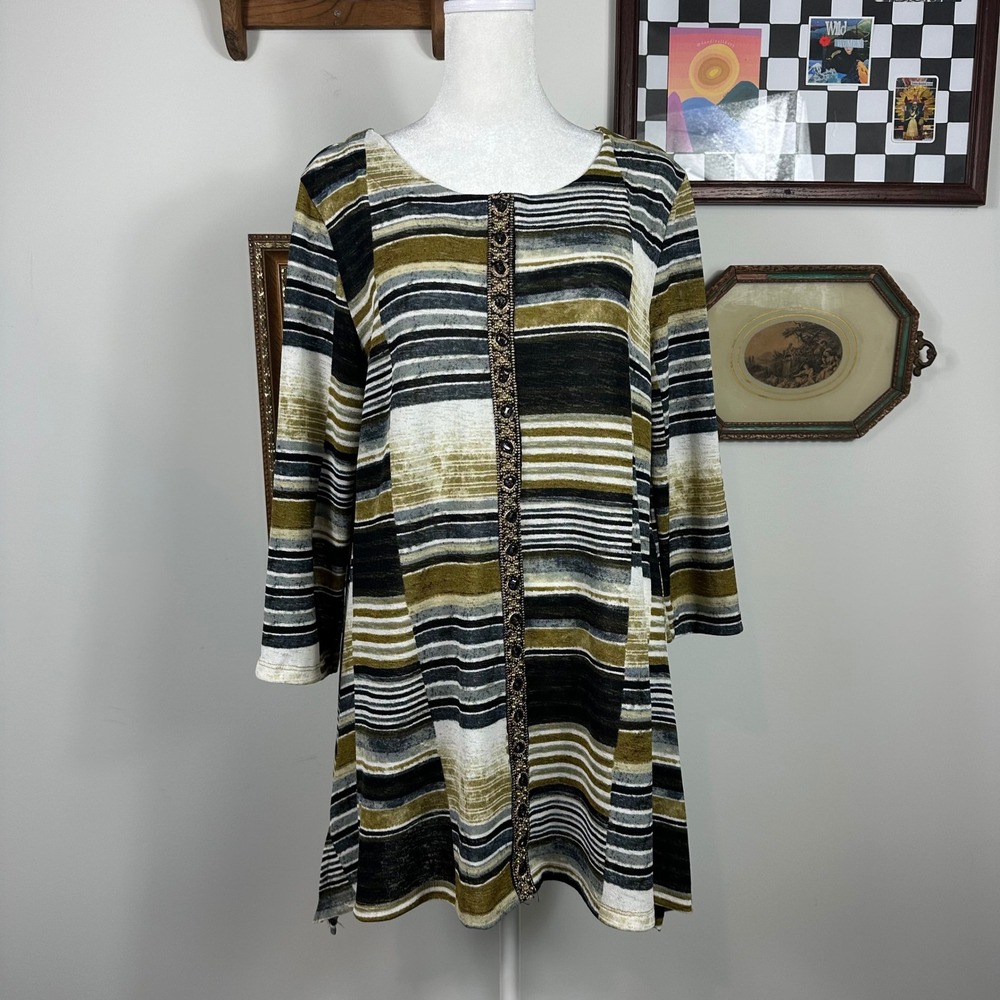 Onque Casual Striped Knit Tunic Top W/ Beaded Embellishment Boho Fairy Whimsical